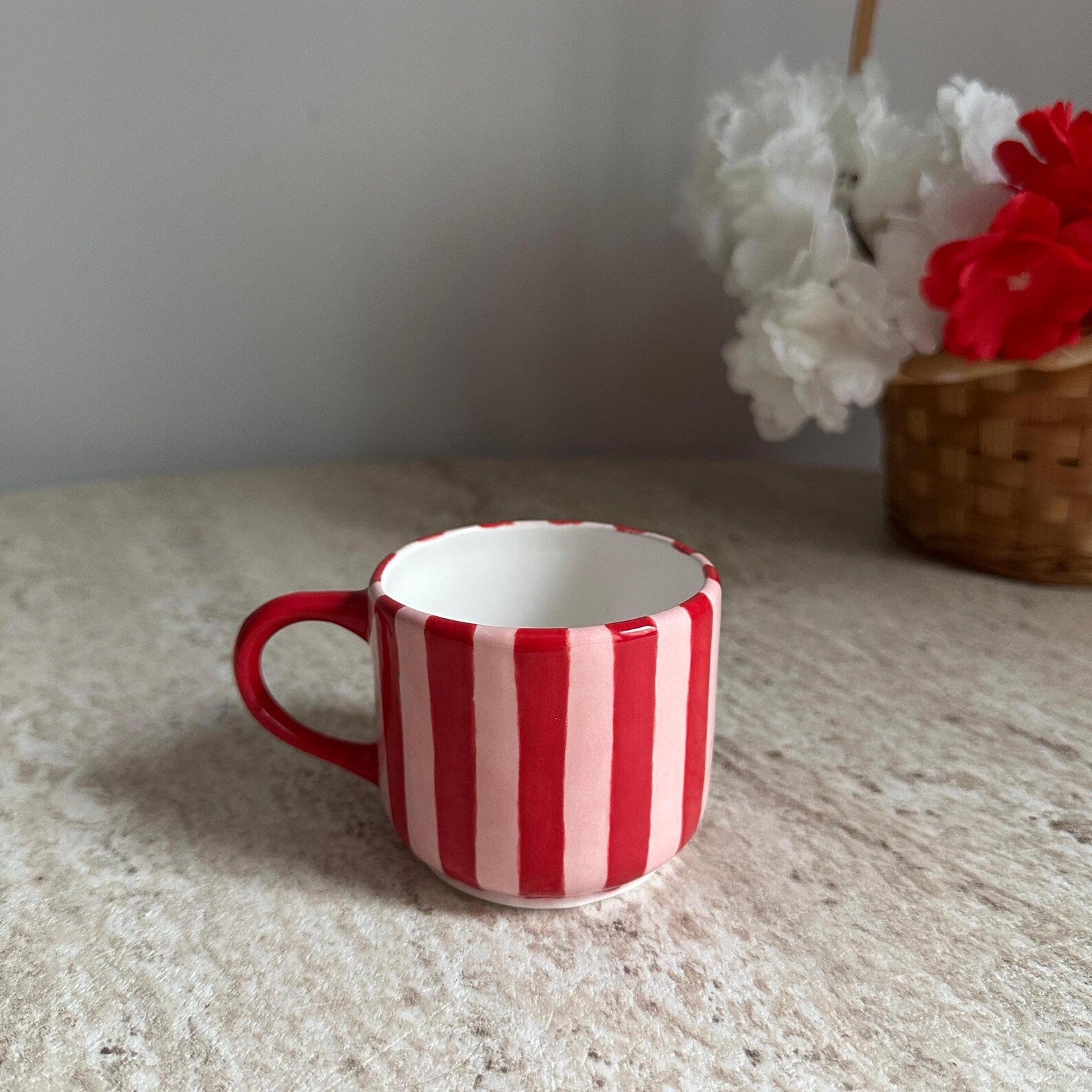 Handmade Pink and Red Striped Ceramic Mug 150 ml