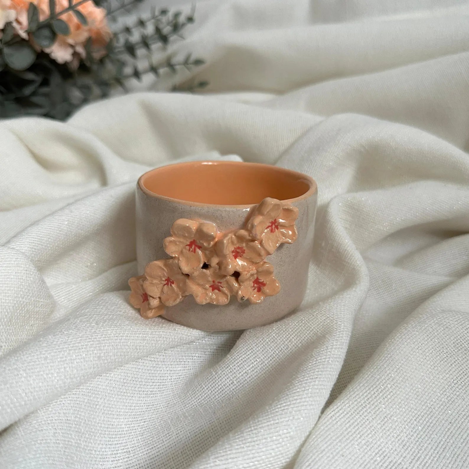 Handmade Cream and Salmon Ceramic Sakura Tumbler 160 ml