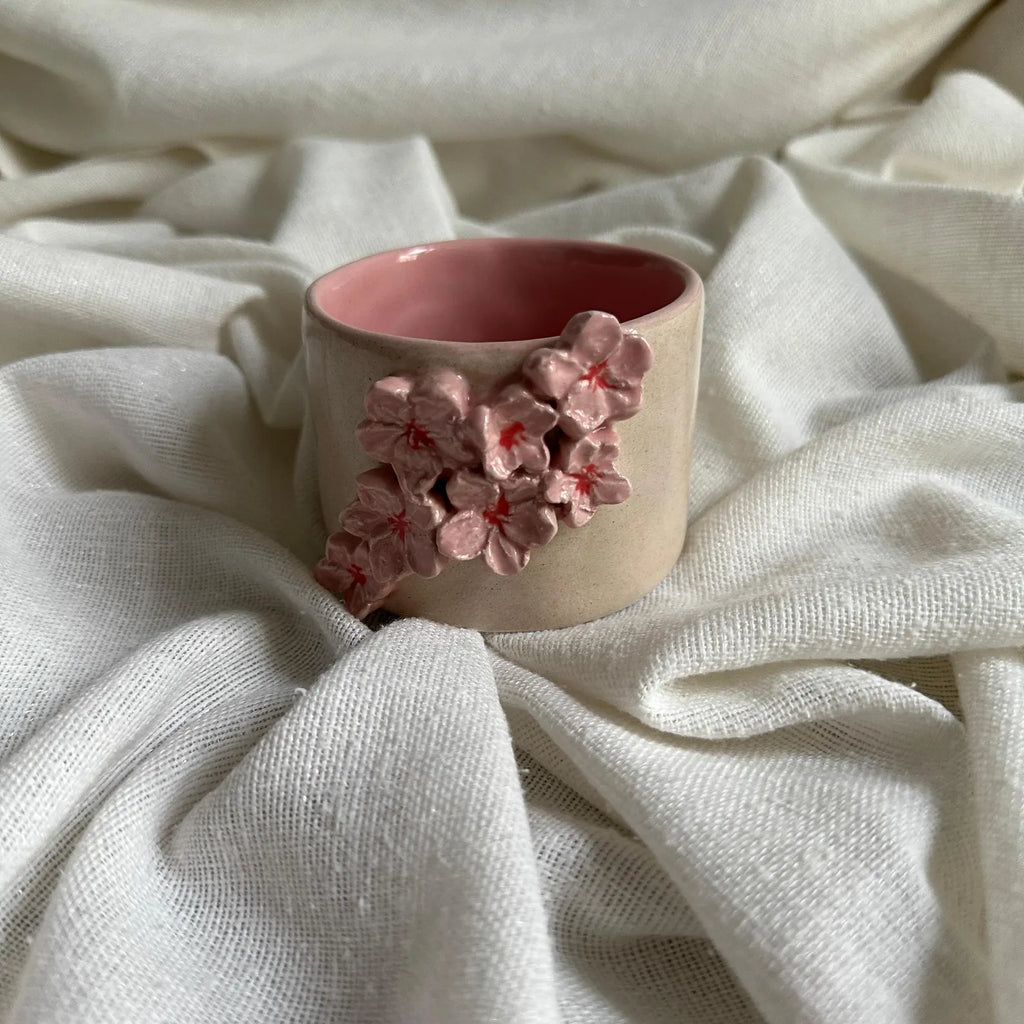 Handmade Cream and Pink Sakura Ceramic Tumbler 160 ml