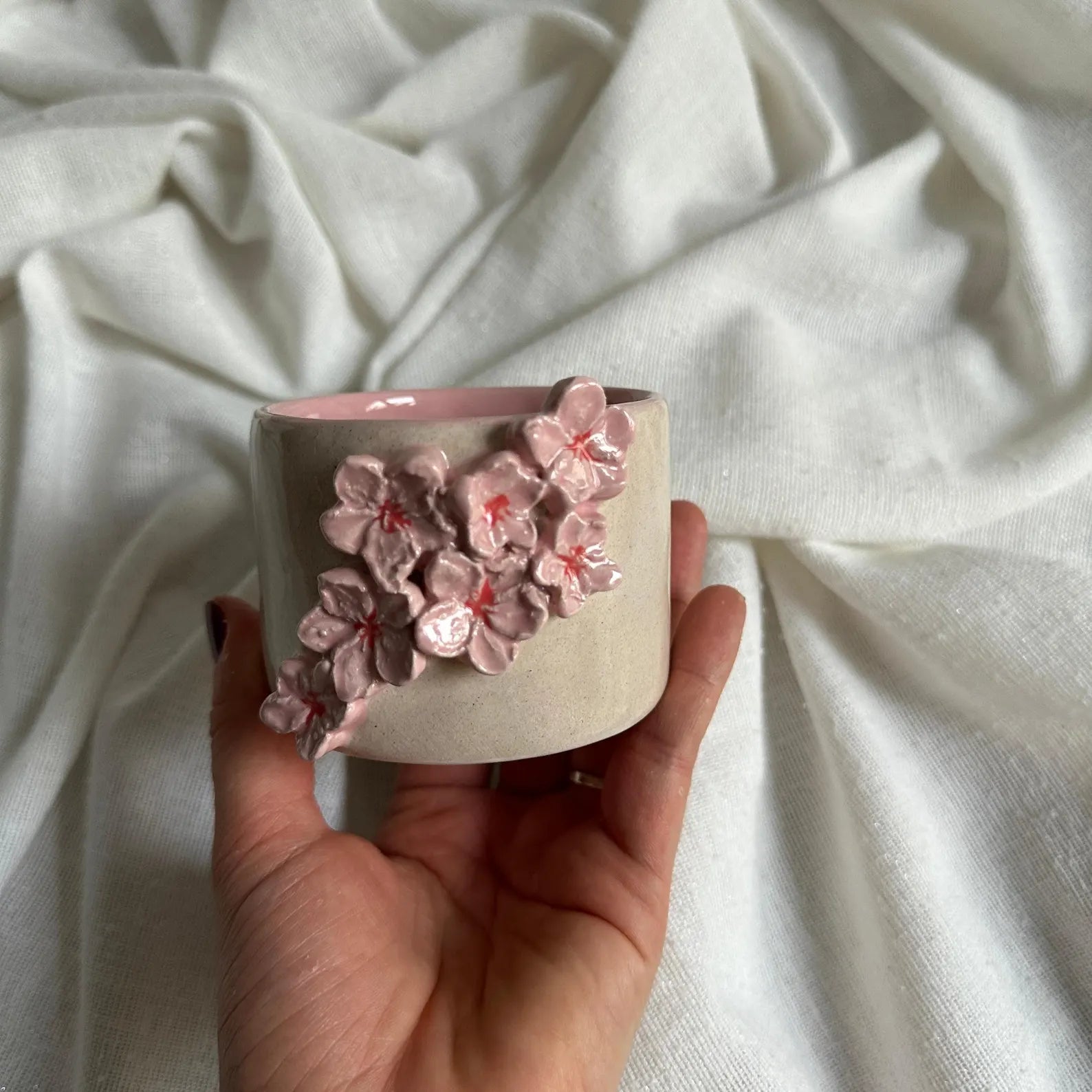 Handmade Cream and Pink Sakura Ceramic Tumbler 160 ml