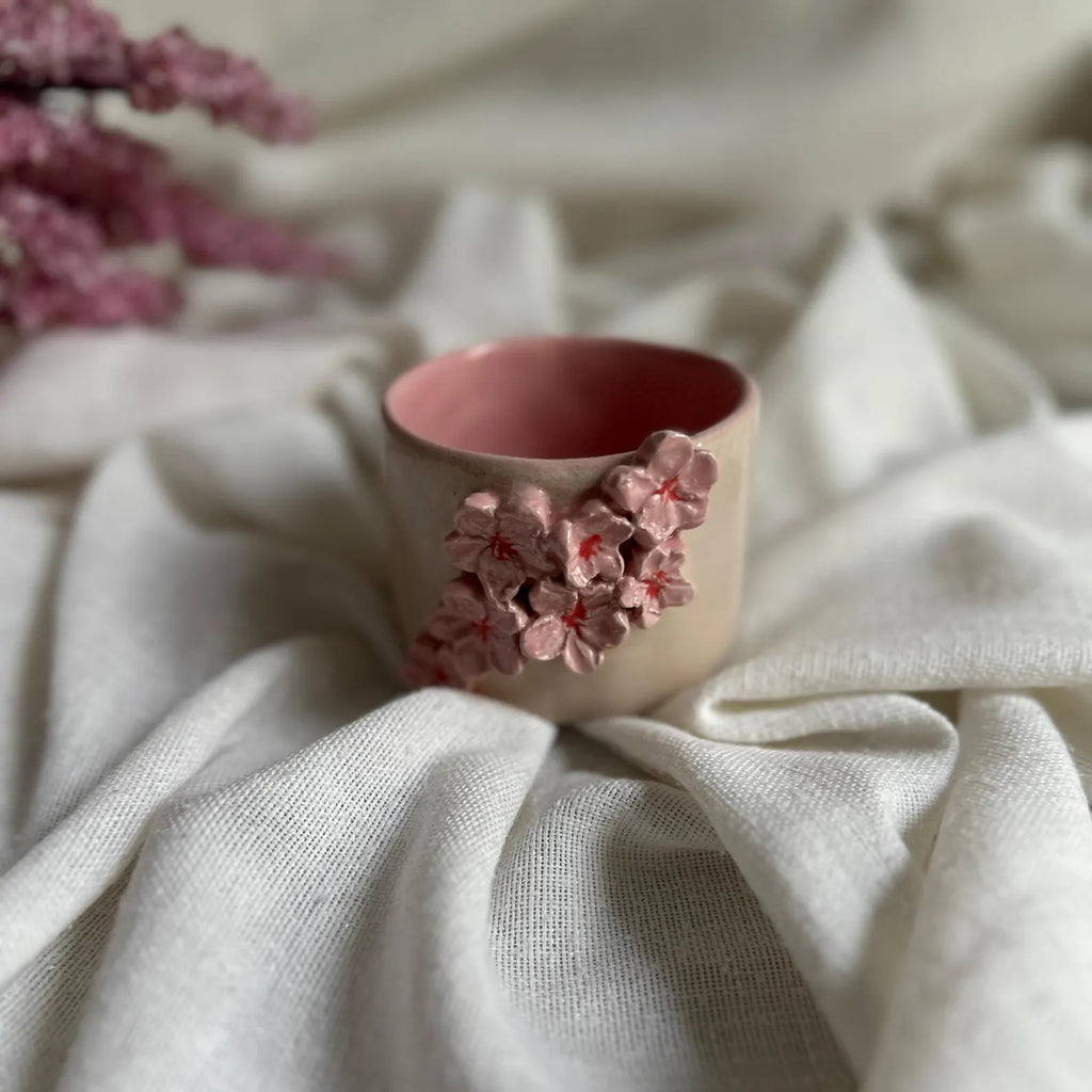 Handmade Cream and Pink Sakura Ceramic Tumbler 160 ml
