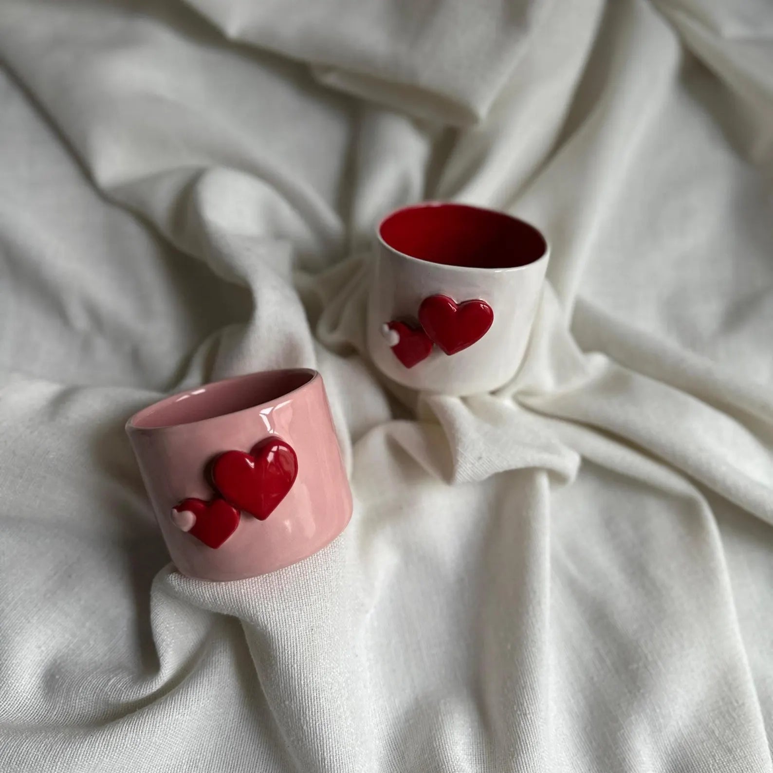 Handmade Pink Ceramic Tumbler with Red Heart Detail – 200 ml Romantic Pottery Cup