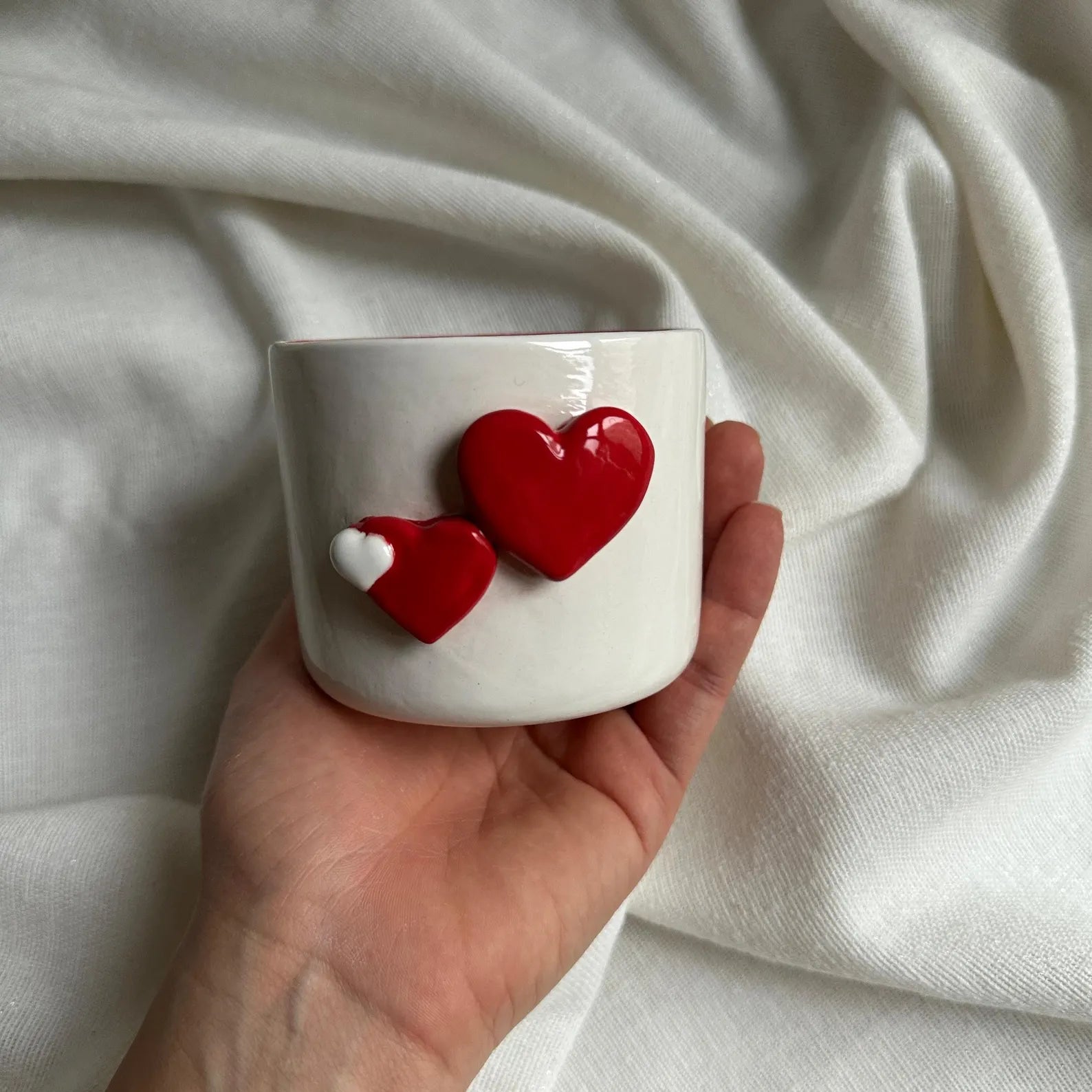 Handmade White Ceramic Tumbler with Red Heart Detail – 200 ml Romantic Pottery Cup