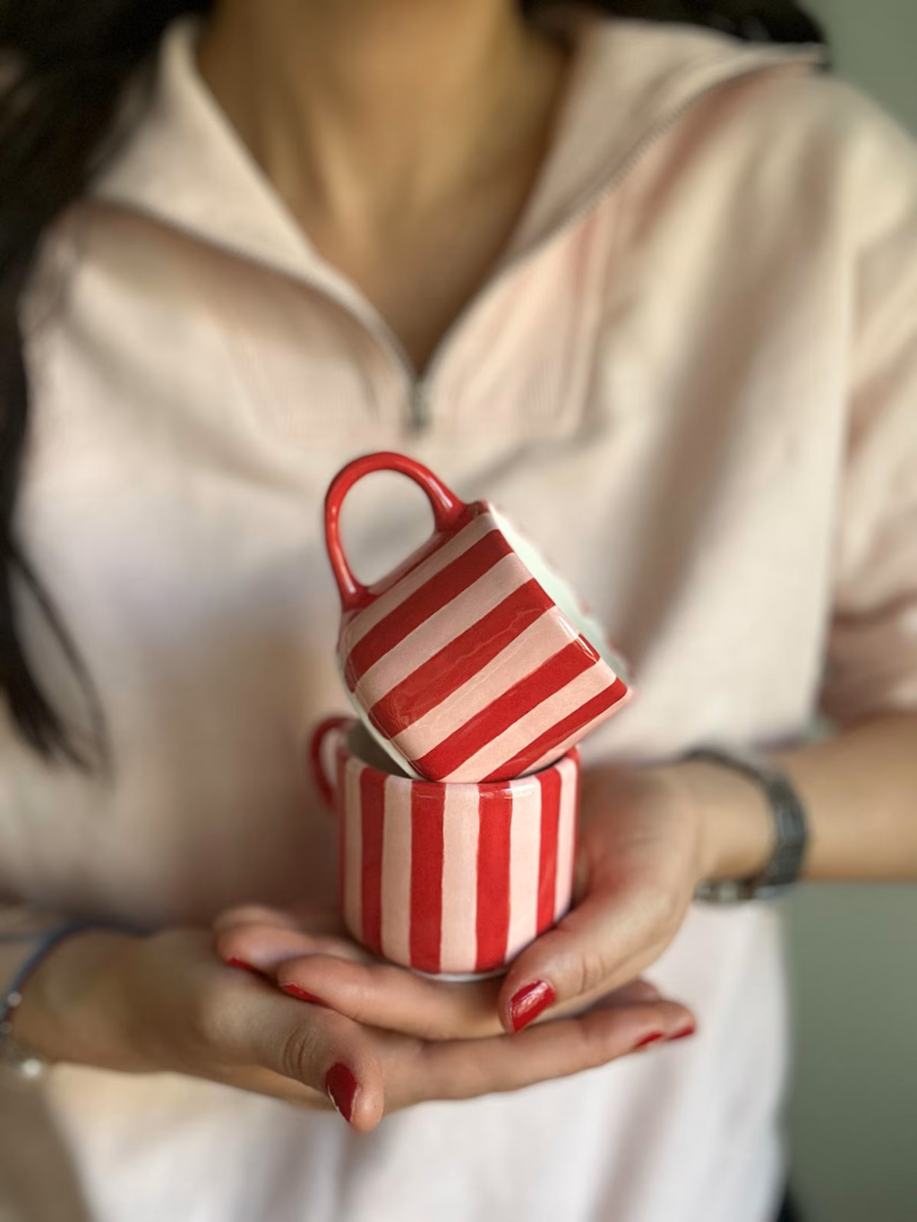 Handmade Pink and Red Striped Ceramic Mug 150 ml