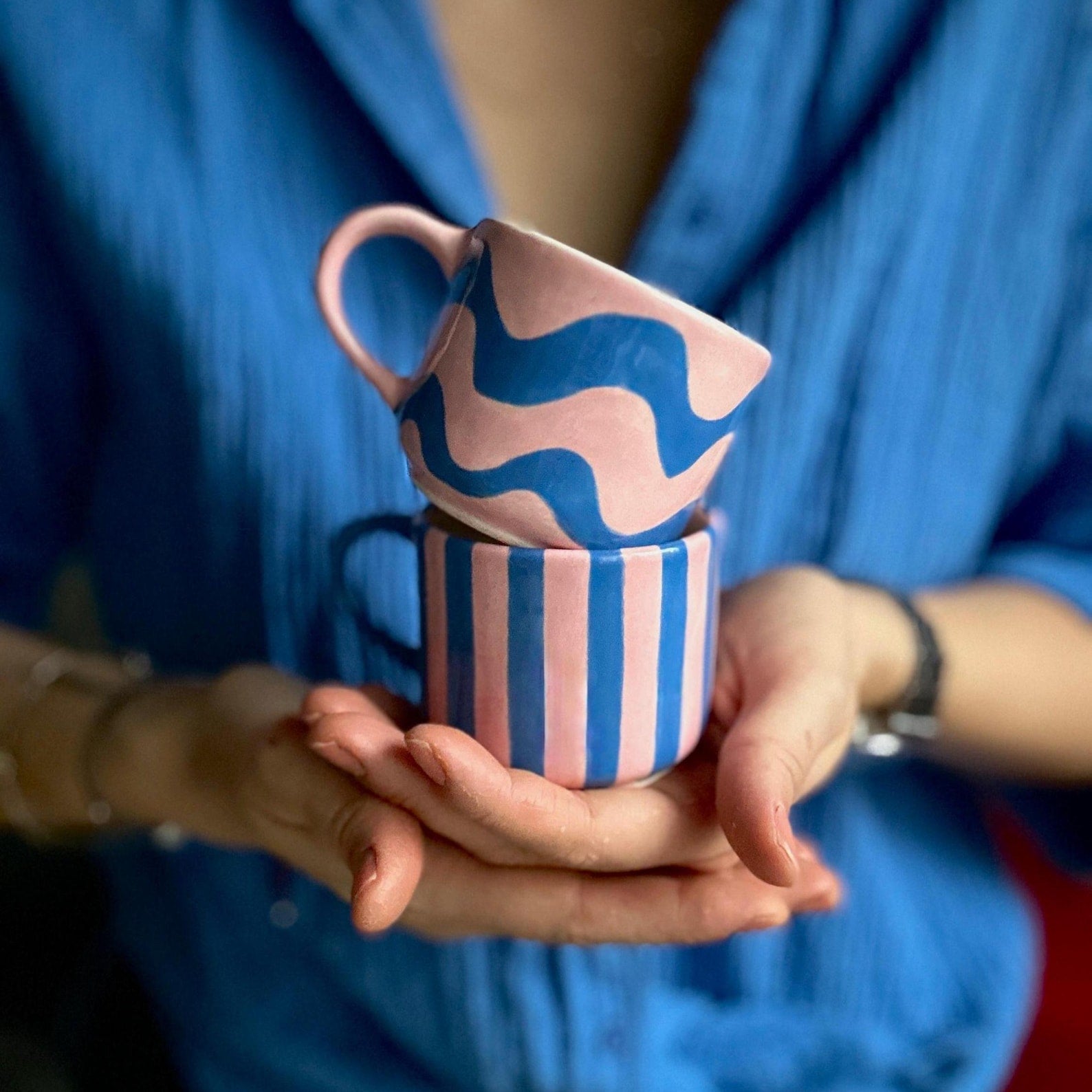 Handmade Pink and Violet Striped Ceramic Mug 150 ml