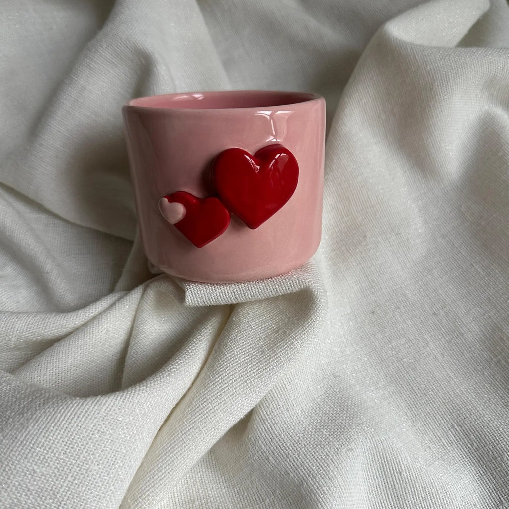 Handmade Pink Ceramic Tumbler with Red Heart Detail – 200 ml Romantic Pottery Cup