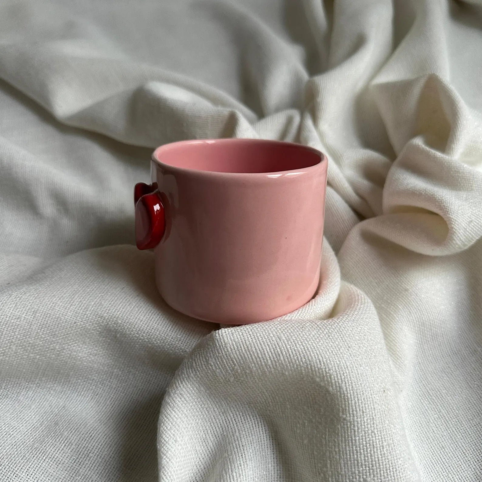 Handmade Pink Ceramic Tumbler with Red Heart Detail – 200 ml Romantic Pottery Cup