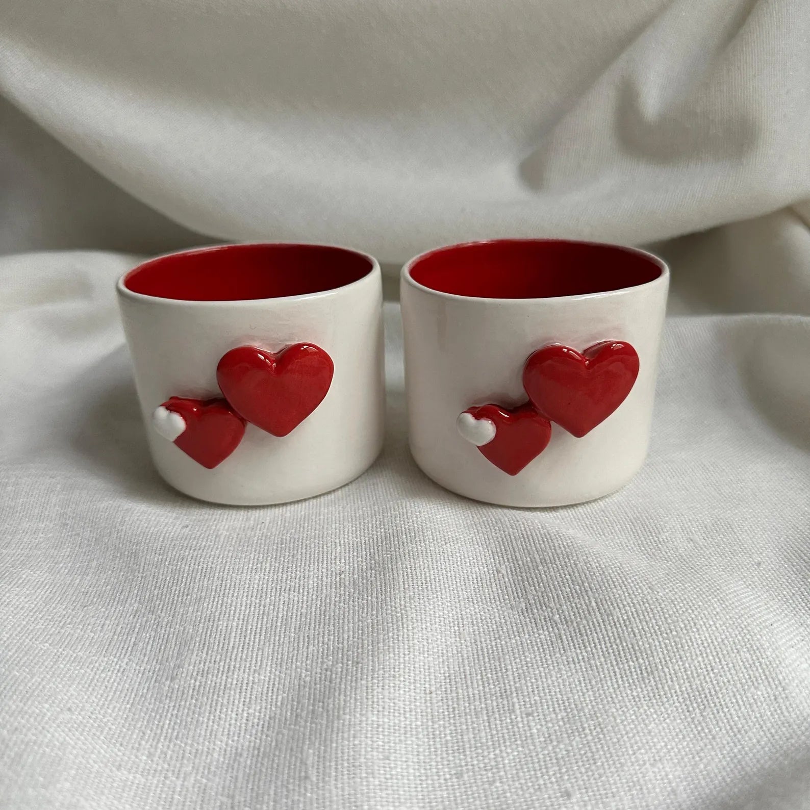 Handmade White Ceramic Tumbler with Red Heart Detail – 200 ml Romantic Pottery Cup