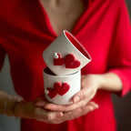 Handmade White Ceramic Tumbler with Red Heart Detail – 200 ml Romantic Pottery Cup