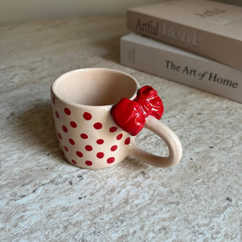 Handmade Red Polka Dot Ceramic Mug with Bow 200 ml Valentine’s Day Gift