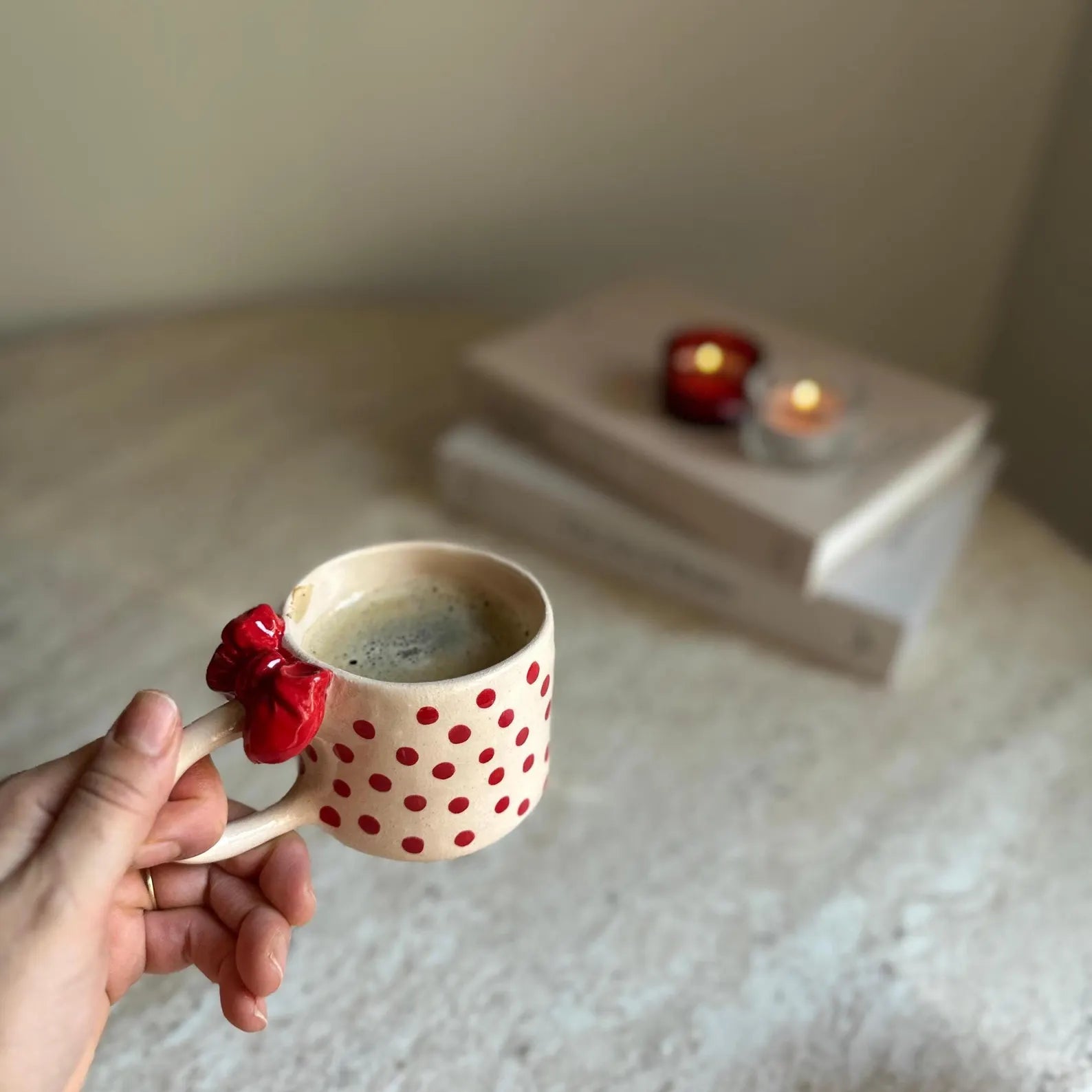 Handmade Red Polka Dot Ceramic Mug with Bow 200 ml Valentine’s Day Gift